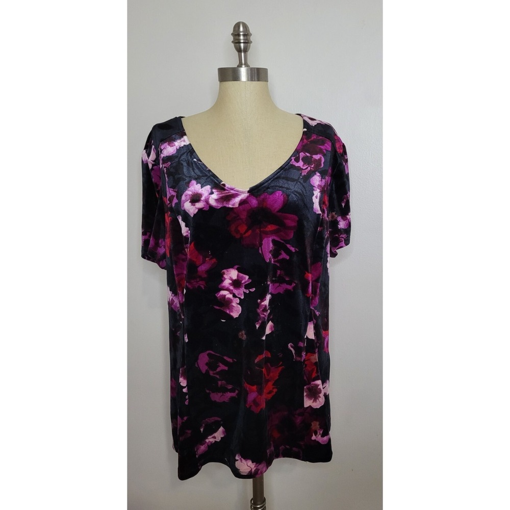 Roz & Ali Whimsigoth Floral Velvet Burnout Top Size 2X Short Sleeve Fairy Grunge